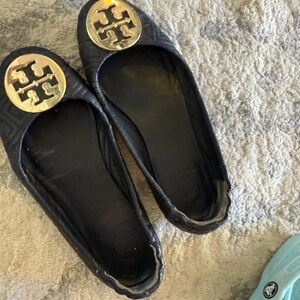 Tory Burch Black Quilted Flats with Gold Logo